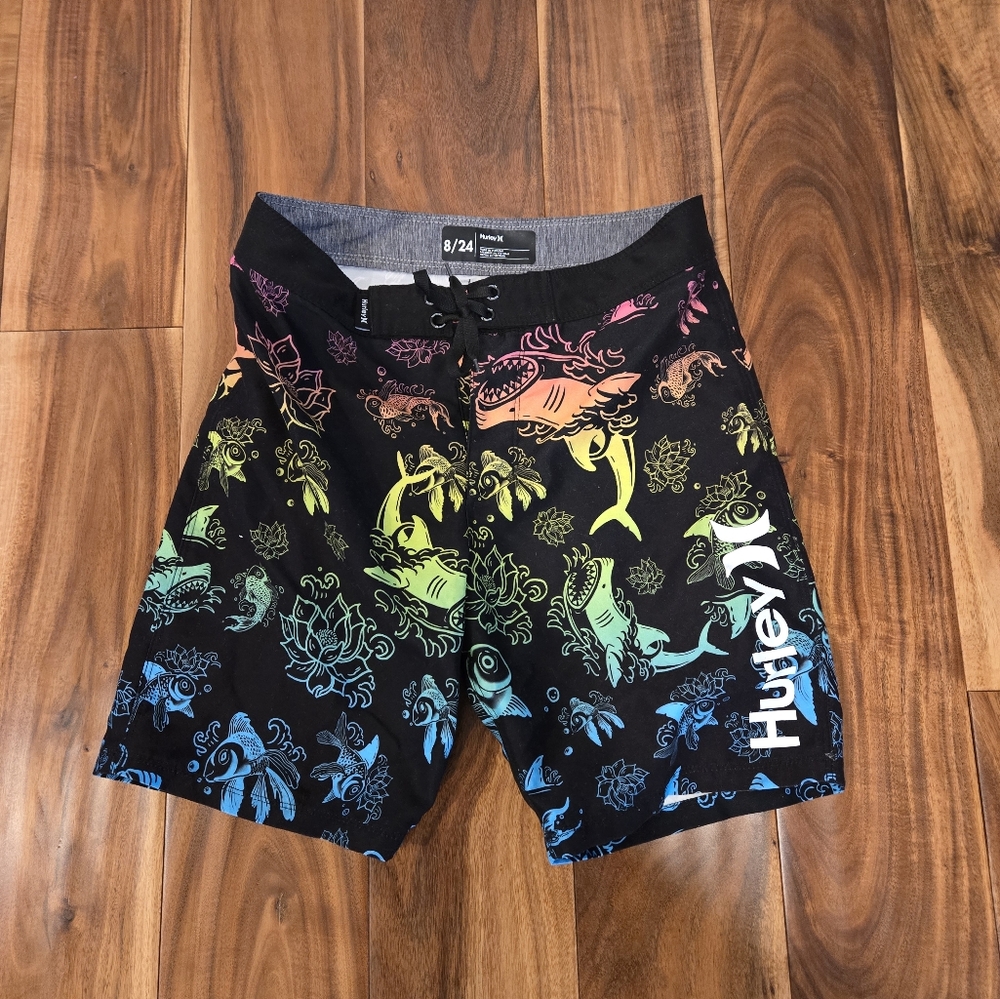 Hurley Black Board Shorts with Colorful Sea Creatures